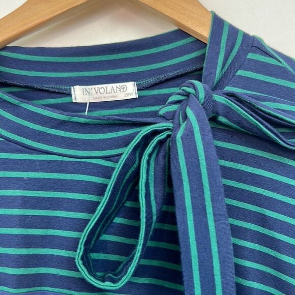 In Voland Navy Blue and Green striped long sleeve top with tie neck NWT size 20W - Picture 6 of 12